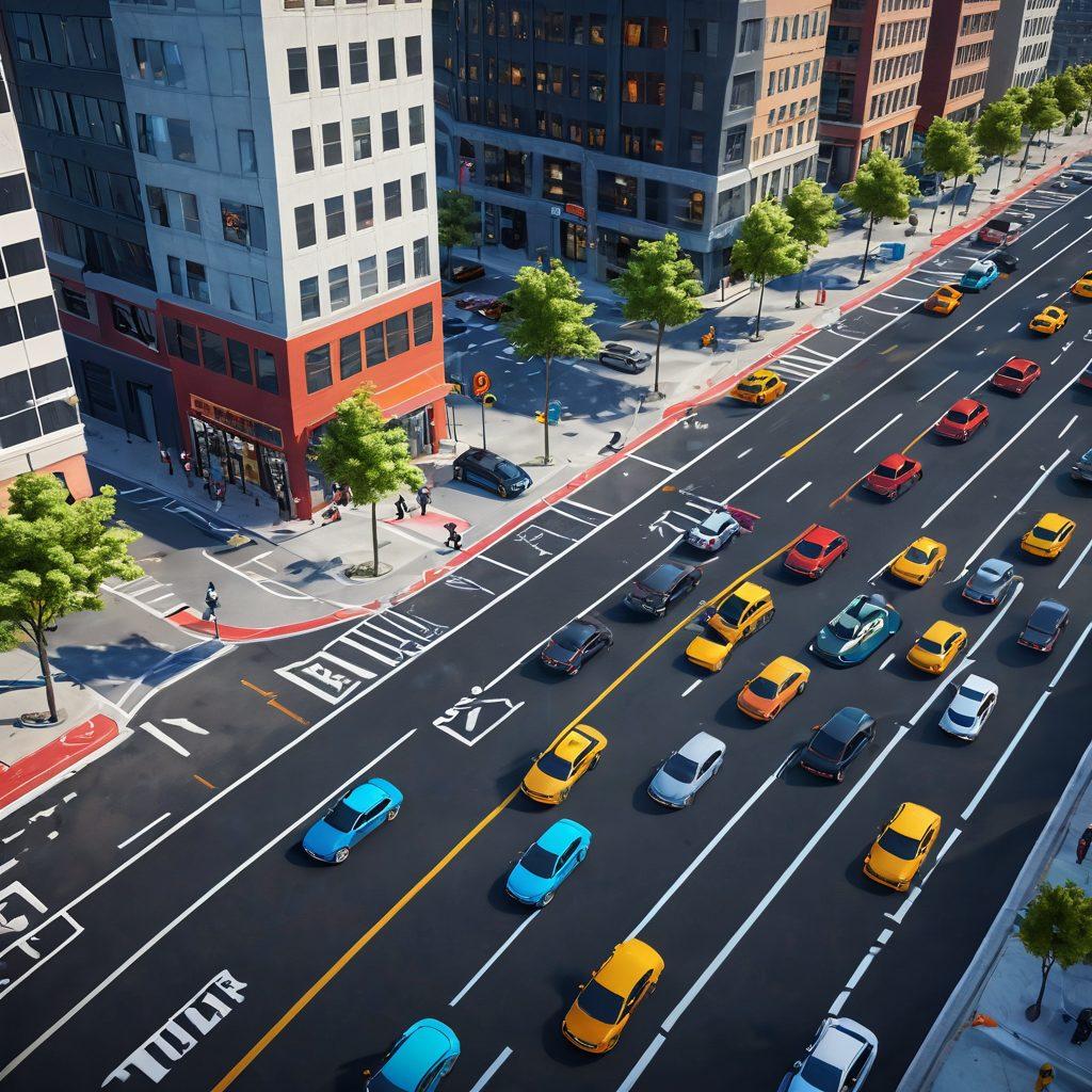 A dynamic urban landscape showcasing a busy parking lot filled with a variety of stylized cars deftly maneuvering in a 3D driving simulation. Add colorful road signs and digital interfaces that hint at guidance and tips for parking. The scene should depict a sense of excitement and challenge, with vibrant city life in the background. super-realistic. vibrant colors. 3D.