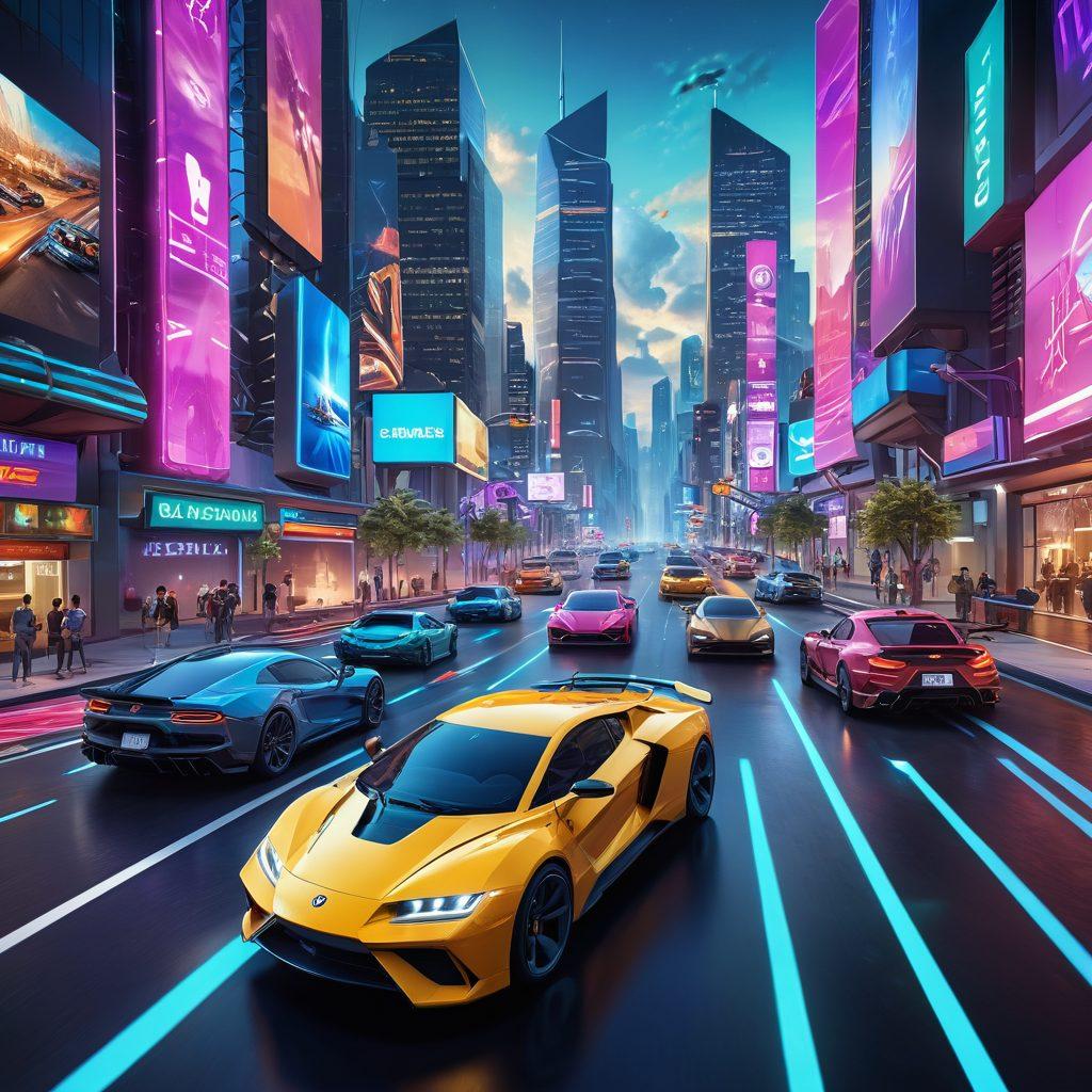 A dynamic scene showing a diverse group of players engaged in an interactive driving game, surrounded by colorful game interfaces and virtual parking challenges. Include intricate details of cars, obstacles, and gaming controllers, all with a sense of excitement and competition. Add glowing elements to represent game achievements and levels progressing. The background features a futuristic city skyline. vibrant colors. 3D.